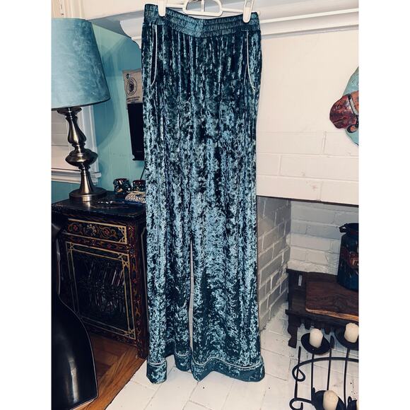 ALAMOUR THE LABEL AUSTRALIA TEAL CRUSHED VELVET PALAZZO PANTS S - Picture 3 of 10